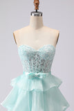Green A Line Strapless Corset Beaded Tiered Long Prom Dress with Lace