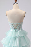 Green A Line Strapless Corset Beaded Tiered Long Prom Dress with Lace