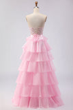 Pink Strapless Tiered A Line Corset Beaded Long Prom Dress with Slit