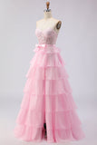 Pink Strapless Tiered A Line Corset Beaded Long Prom Dress with Slit