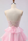 Pink Strapless Tiered A Line Corset Beaded Long Prom Dress with Slit
