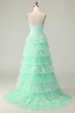 Green A Line Sweetheart Corset Tiered Ruffled Long Prom Dress with Sequins