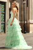 Sparkly Green A Line Corset Tiered Sweetheart Ruffled Long Formal Dress with Slit