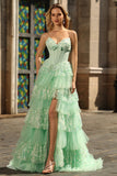 Sparkly Green A Line Corset Tiered Sweetheart Ruffled Long Formal Dress with Slit
