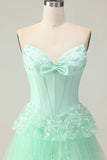 Green A Line Sweetheart Corset Tiered Ruffled Long Prom Dress with Sequins
