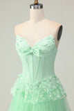 Green A Line Sweetheart Corset Tiered Ruffled Long Prom Dress with Sequins
