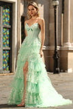 Sparkly Green A Line Corset Tiered Sweetheart Ruffled Long Formal Dress with Slit