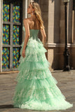 Sparkly Green A Line Corset Tiered Sweetheart Ruffled Long Formal Dress with Slit