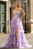 Sparkly Purple Sweetheart A Line Corset Floral Ruffled Long Formal Dress with Sequins