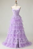 Sparkly Purple Sweetheart A Line Corset Floral Ruffled Long Formal Dress with Sequins