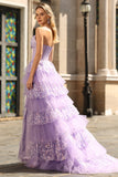Sparkly Purple Sweetheart A Line Corset Floral Ruffled Long Formal Dress with Sequins