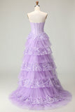Sparkly Purple Sweetheart A Line Corset Floral Ruffled Long Formal Dress with Sequins