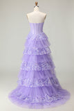 Sweetheart A Line Purple Corset Tiered Ruffle Long Prom Dress with Sequins