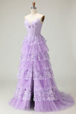 Sweetheart A Line Purple Corset Tiered Ruffle Long Prom Dress with Sequins