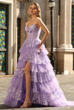 Sparkly Purple Sweetheart A Line Corset Floral Ruffled Long Formal Dress with Sequins