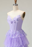 Sweetheart A Line Purple Corset Tiered Ruffle Long Prom Dress with Sequins
