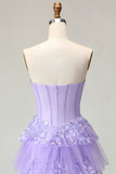 Sweetheart A Line Purple Corset Tiered Ruffle Long Prom Dress with Sequins
