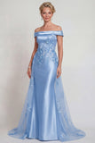 Champagne Off the Shoulder Appliqued Satin Mermaid Mother of the Bride Dress
