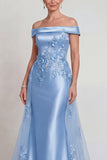 Champagne Off the Shoulder Appliqued Satin Mermaid Mother of the Bride Dress