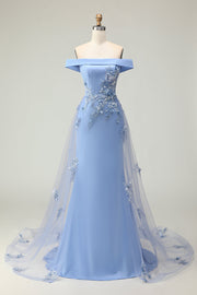 Sparkly Grey Blue Floral Mermaid Appliqued Long Formal Dress with Cape