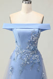Grey Blue Mermaid Off the Shoulder Appliqued Mother of the Bride Dress with Sequins