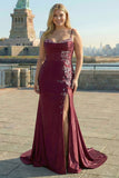 Burgundy Mermaid Beaded Embroidered Plus Size Long Prom Dress with Slit