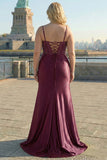 Burgundy Mermaid Beaded Embroidered Plus Size Long Prom Dress with Slit