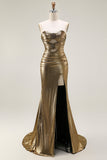 Metallic Dark Golden Mermaid Strapless Cut Out Long Prom Dress with Slit