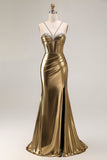 Metallic Golden Beaded Mermaid Corset Long Prom Dress With Slit