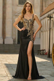 Sparkly Dark Green Satin Mermaid Beaded Sequin Long Formal Dress with Slit