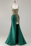 Dark Green Mermaid Sequins Beaded Plus Size Long Prom Dress with Slit