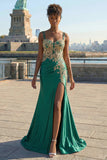 Sparkly Dark Green Satin Mermaid Beaded Sequin Long Formal Dress with Slit