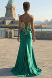 Sparkly Dark Green Satin Mermaid Beaded Sequin Long Formal Dress with Slit