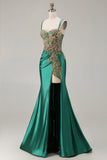 Dark Green Mermaid Beaded Lace Up Back Sequin Long Prom Dress with Slit