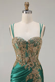 Dark Green Mermaid Beaded Lace Up Back Sequin Long Prom Dress with Slit