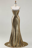 Metallic Dark Golden Beaded Corset Strapless Long Prom Dress