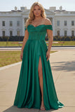 Off The Shoulder Dark Green Beaded A Line Corset Long Prom Dress with Slit