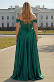 Off The Shoulder Dark Green Beaded A Line Corset Long Prom Dress with Slit