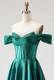 Off The Shoulder Dark Green Beaded A Line Corset Long Prom Dress with Slit