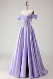 Off The Shoulder Beaded A Line Purple Corset Long Prom Dress with Slit