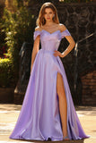Off The Shoulder Purple A Line Beaded Long Satin Prom Dress with Slit