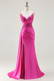 Fuchsia Mermaid Streamer Beaded Ruched Long Prom Dress with Slit