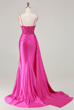 Fuchsia Mermaid Streamer Beaded Ruched Long Prom Dress with Slit