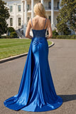Navy Mermaid Streamer Beaded Ruched Long Prom Dress with Slit