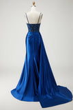 Navy Mermaid Streamer Beaded Ruched Long Prom Dress with Slit