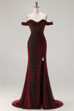 Off The Shoulder Black Red Corset Mermaid Long Prom Dress with Slit