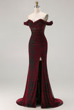 Off the Shoulder Black Red Mermaid Corset Plus Size Long Prom Dress with Slit