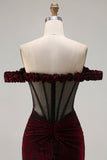 Black Red Mermaid Off the Shoulder Corset Ruched Long Prom Dress with Slit