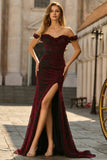 Off The Shoulder Black Red Corset Mermaid Long Prom Dress with Slit