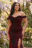 Off the Shoulder Black Red Mermaid Corset Plus Size Long Prom Dress with Slit